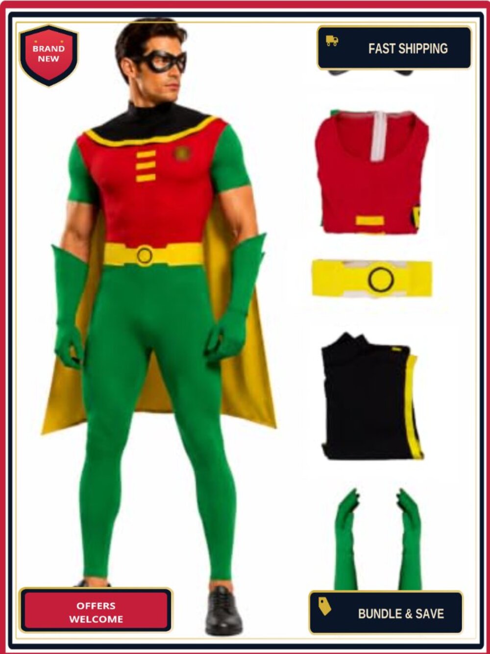 YOWNATH Robin Costume Deluxe Jumpsuit Cloak Gloves Belt Adult Cosplay Set